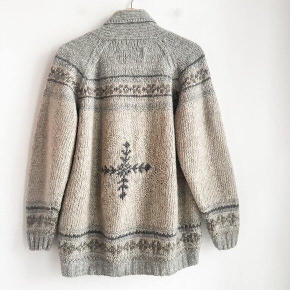 Eddie Bauer Legend Merino Wool Mohair Grey Beige Snowflake Cardigan M - Picture 3 of 5